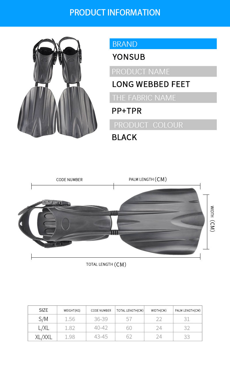 Yonsub adjustable diving fins black for adult