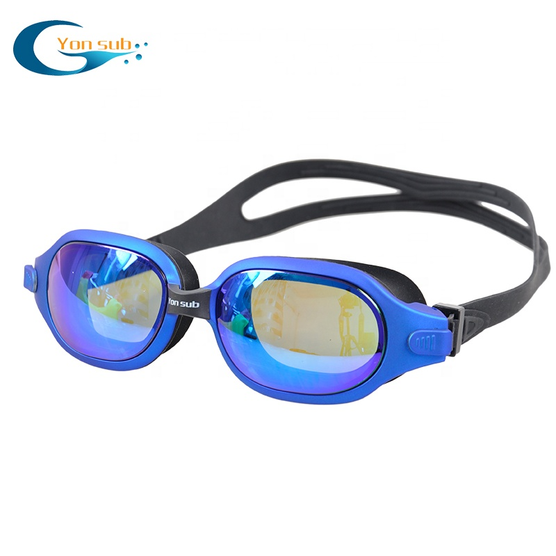 Wide view colored mirrored glass silicone swimming goggles