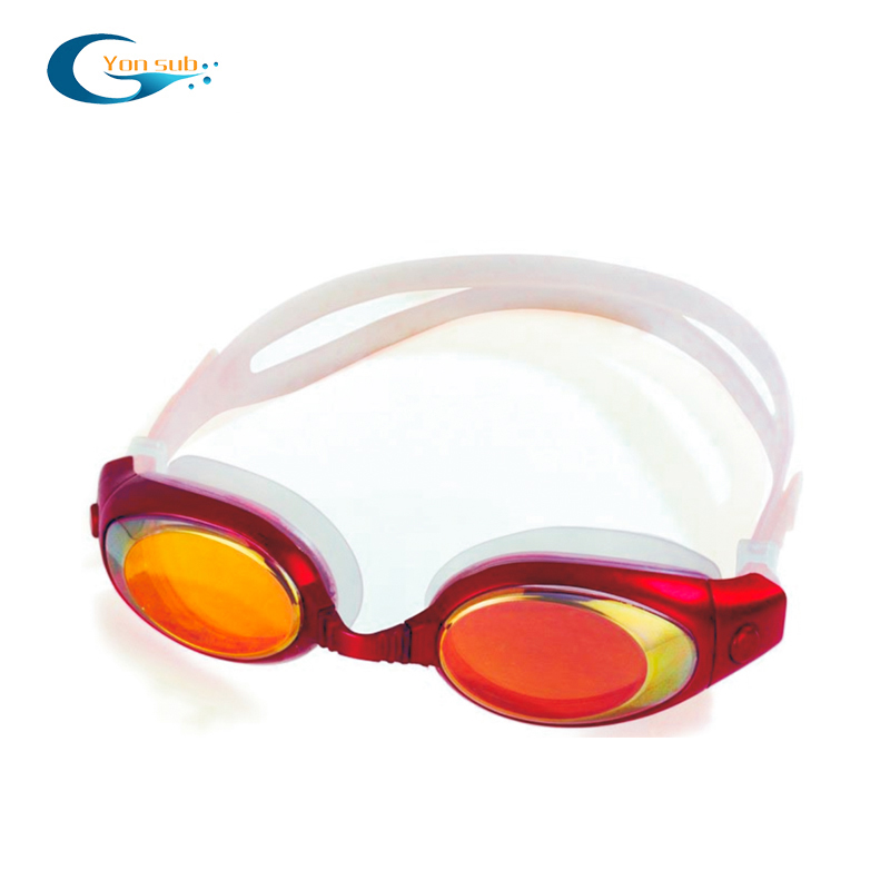 Wide view colored mirrored glass silicone swimming goggles